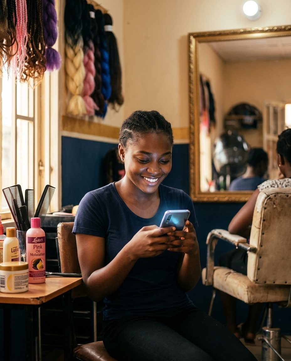 Besem, the hairdressing apprentice from Molyko, Buea, reading her phone in the salon